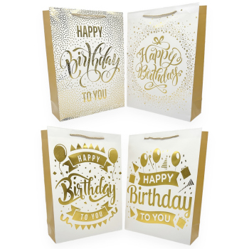 Set 12 Pungi Cadou Happy Birthday Alb Auriu 30x43x12